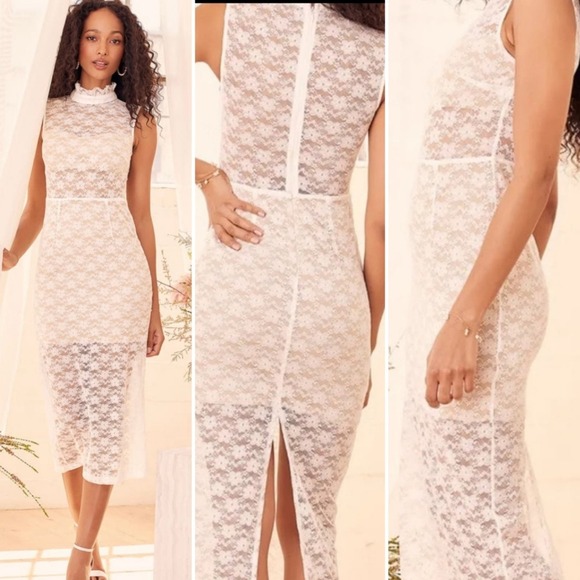 Lulus White Lace Mock Neck Midi Dress White Size L - Picture 10 of 10